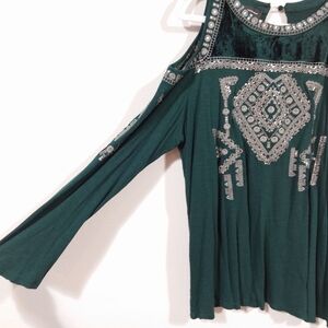 INC International Concepts Embroidered Cold Shoulder Top Boho Green XXL